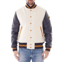 Wool Off-White Varsity Jacket with Purple Leather Sleeves for Men