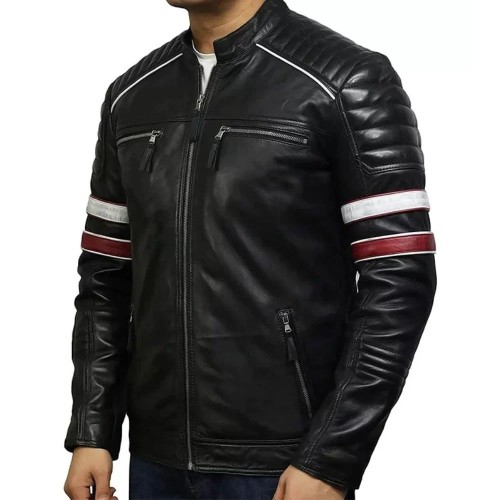 Mens Cafe Racer Black Quilted Leather Jacket With Red Strips