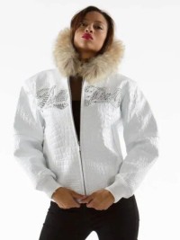 Pelle Pelle White Encrusted Script Leather Fur Hood Jacket