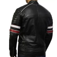 Mens Cafe Racer Black Quilted Leather Jacket With Red Strips