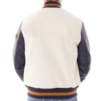 Wool Off-White Varsity Jacket with Purple Leather Sleeves for Men